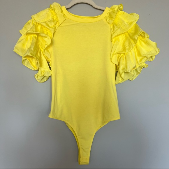 TCEC Solid Puff Sleeve Ruffle Trim Bodysuit | Yellow | Size: M | Women - Picture 1 of 9
